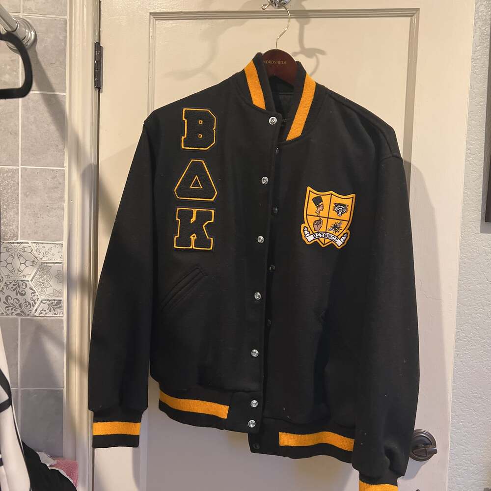 Alpha Phi Alpha Pinstripes Black Wool and Leather Letterman Jacket